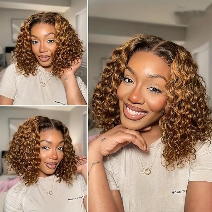 Water Wave Human Hair wig 13x4 Honey Blonde Deep Curly Human Hair wig 220% Density Ombre Deep Wave 4/27 Highlight Lace Front Wigs Wet And Wavy Water Wave Wig for Women 18 Inch