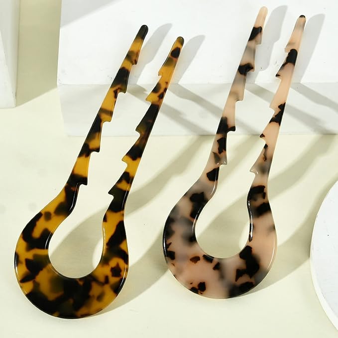 French Hair Pins Tortoise Shell French Hair Forks U Shaped French Pins 2 Prong Hair Sticks Acetate Chignon Pin for Women Hairstyle Accessories 2 Pack
