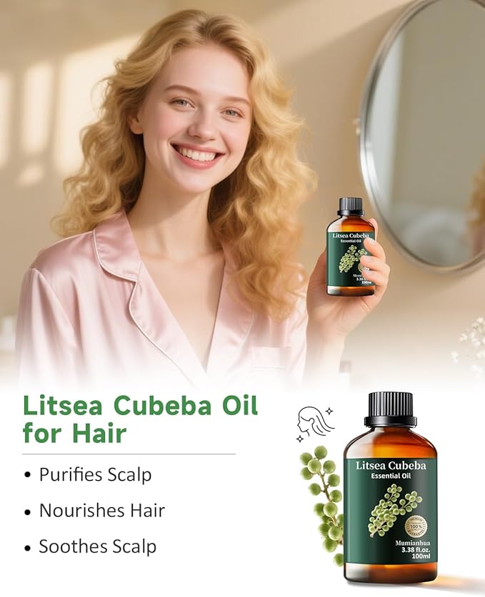 Mumianhua Litsea Cubeba Essential Oil 100% Pure Litsea Cubeba Oil Natural May Chang Essential Oil for Aroma & Diffusers, Massage, Skin Care, Hair Care, Candle & Soap Making 3.38 Fl Oz