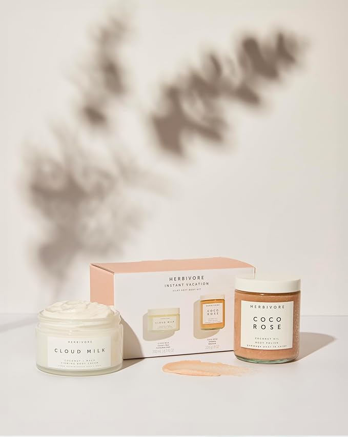 HERBIVORE Instant Vacation Silky Soft Body Gift Set | Coco Rose Coconut Oil Body Polish & Cloud Milk Coconut + Maca Firming Body Cream, Plant Based, Vegan, Cruelty Free