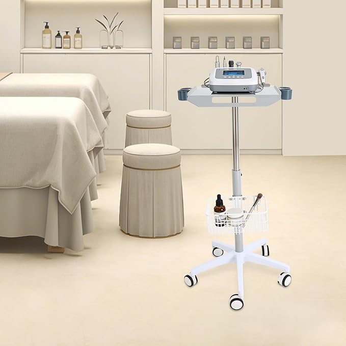 Medical Cart, Rolling Salon Cart with Wheels, Mobile Trolley Stand 33.46"-43.71" Height Adjustable for Salons Instruments Offices Hotels,with a Basket and Fix Holders