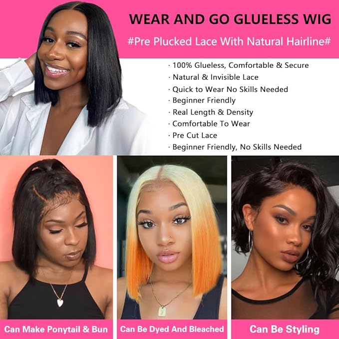 Wear and Go Glueless Bob Wig, 14 Inch, 180% Density, Human Hair, Natural Black, No Shedding, No Tangle, Adjustable Elastic Cap