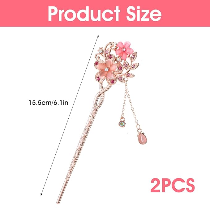 2 Pcs Chinese Hair Sticks, Rhinestone Flower Stick Retro Tassel Hair Pin Chinese Hair Chopsticks Vintage Hairpin Set for Women Wedding Accessories