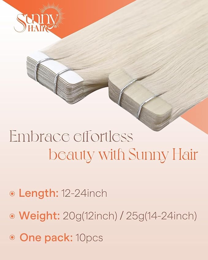 Sunny Hair Tape in Hair Extensions Real Human Hair Invisible Remy Hair Extensions Tape ins for Women White Blonde 22 inch 25G