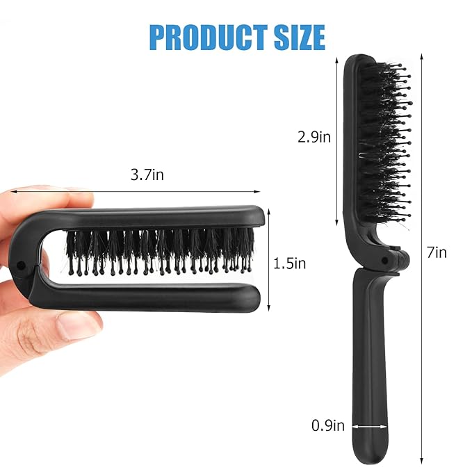 Ancable 2Pcs Travel Folding Hair Brush, Collapsable Portable Pocket Boar Bristle for Thin/Thick Hair, Mini Hairbrush for Men Women Kids, Wet/Dry Hair, Restore Shine, Black