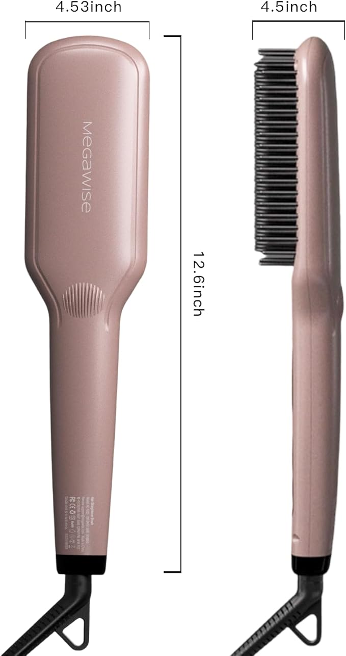 Updated 2025 MEGAWISE Hair Straightener Ceramic Brush ; Anti-Scald Dual Voltage Flat Iron Hot Brush | Rotatable Cord |Auto Shutoff | Anti-frizz |for All Hair Types (Pink)