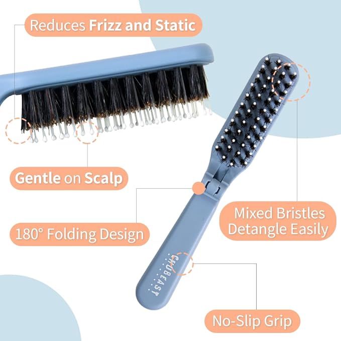 Uffy MiniPop Travel Hair Brush – Mini Folding Boar Bristles for Women, Men & Kids | Kid-Friendly Portable Purse Brush for Wet & Dry Hair, Curly or Straight | Pocket-Size Detangler – Soft Grey