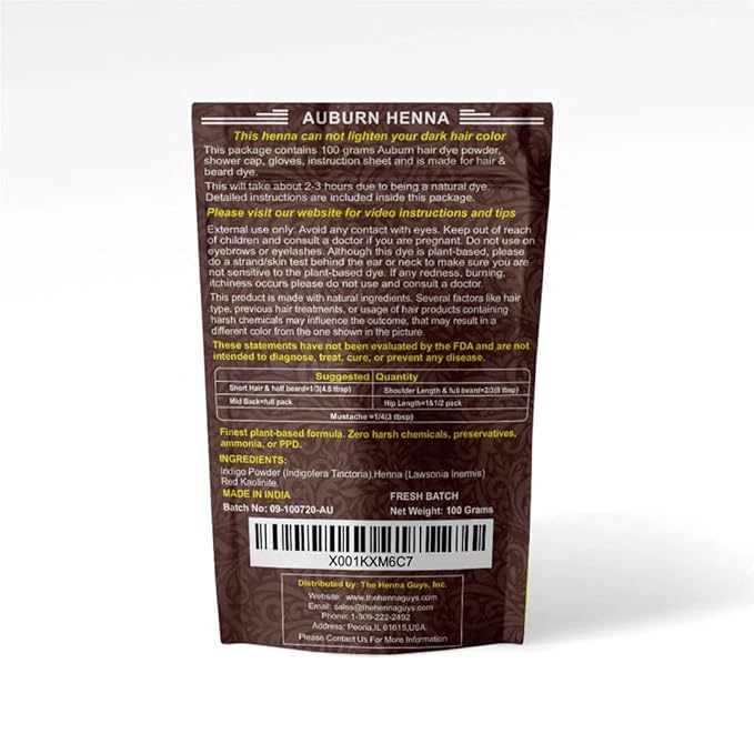 1 Pack Of Auburn Henna Hair & Beard Color/Dye 100 Grams - Natural Hair Color, Plant-based Hair Dye - The Henna Guys