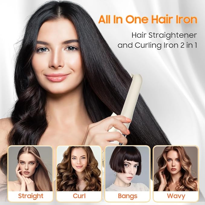 Cordless Hair Straightener, Portable Flat Iron for Travel, 2 in 1 Hair Styling Tools for straightening and Curling, Lightweight on-The-go, 4000 mAh Battery, Fast USB-C Charging (White)