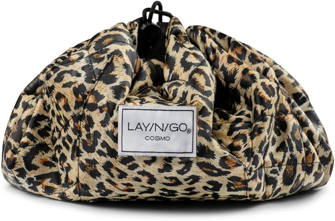 Lay-n-Go Cosmo Layflat Drawstring Cosmetic & Makeup Bag Organizer w/Zipper Pocket, Brush Loops & More, Cinch to Close, Lay Flat to Use, Durable, Machine Wash, Travel Toiletry Bag (22", Leopard)