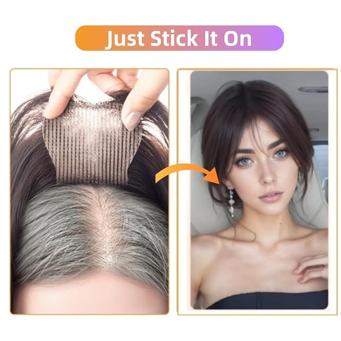 Anemone 100% Real Human Hair Topper No Need Clips Magic Paste Hair Seams 7x10cm Skin Base Fringe Bangs Easy to Wear (1B Middle Bangs)