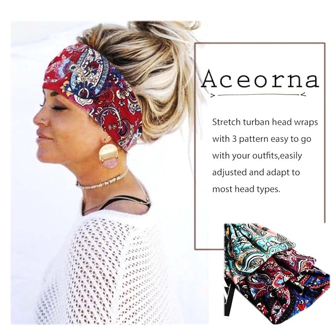 Boho Headbands Wide Knot Hair Band Elastic Turban Head Band Stretch Twist Head Wraps Fashion Hair Accessories for Women 3 Pcs (Set F)