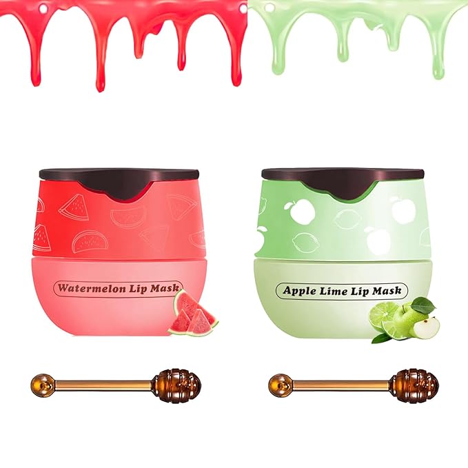 2 PCS Bee Lip Balm Honey Pot, Watermelon Apple Bee Lip Balm Sleeping Lip Mask Overnight with Sticks, Honey Pot Lip Balm Hydrating Exfoliating Prevention Dry and Crack Lip Scrubs