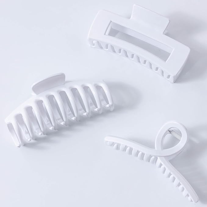 Solid White Large Hair Claw Clips for Thick/Fine/Thin Hair,Strong holding teeth interlocking Women Jaw Clips for Hair 3 Count In set(White)