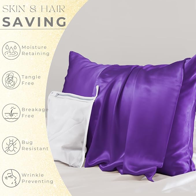 PROMEED 100% Mulberry Silk Pillowcase Set of 2, 23 Momme 3rd Gen Grade 6A+ 100% Mulberry Silk Pillow Cases 2 Pack, Real Silk Pillow Cover for Acne Prone Skin (King 20"x36", Purple)