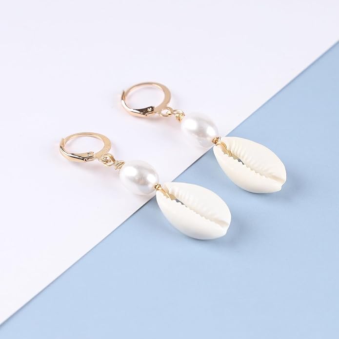 Boho Shell Drop Earrings Vintage Gold Star Shell Dangle Earrings Statement Cowrie Shell Hook Earrings Summer Beach Seashell Earrings Jewelry for Women