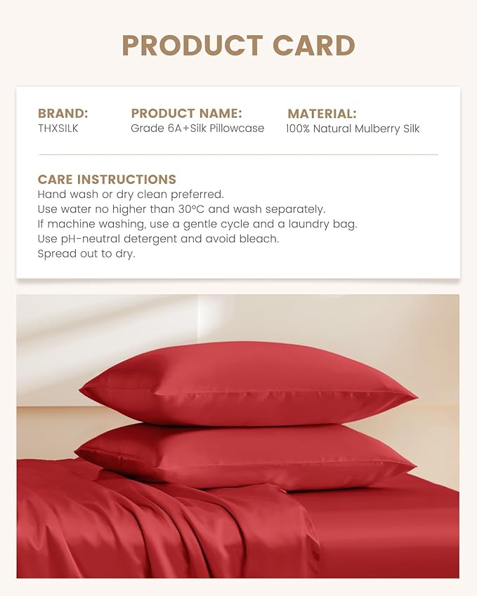 THXSILK Set of 2 100% Silk Pillowcases for Hair and Skin, Both Sides Grade 6A+ Natural Mulberry Silk Pillow Case with Hidden Zipper, Soft and Smooth Pillowcases(Red, Queen Size 20"x30")