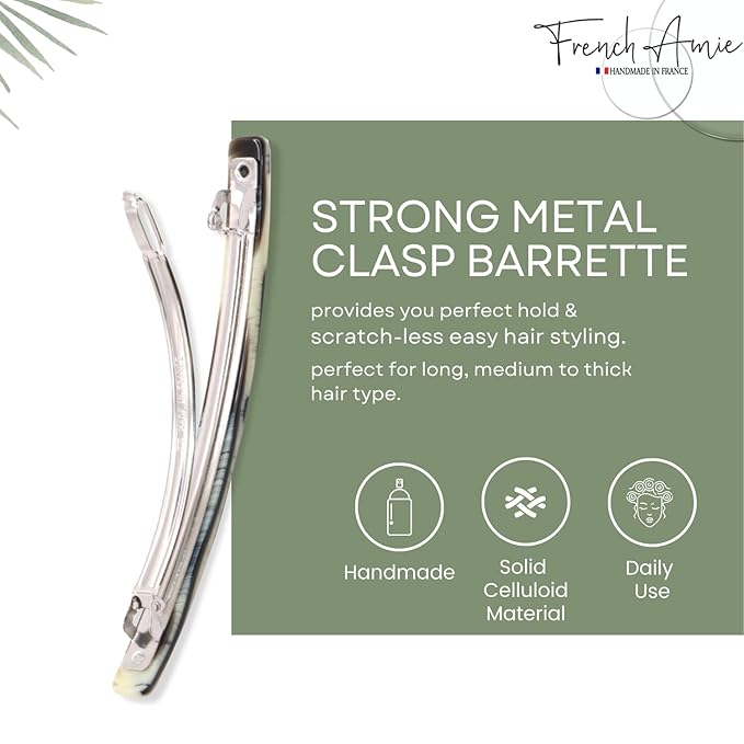 French Amie Long and Thin Ivory Black Large 4” Celluloid Acetate Handmade Automatic Hair Clip Barrette with No Slip Sturdy Silver Clasp for Women and Girls, Made in France