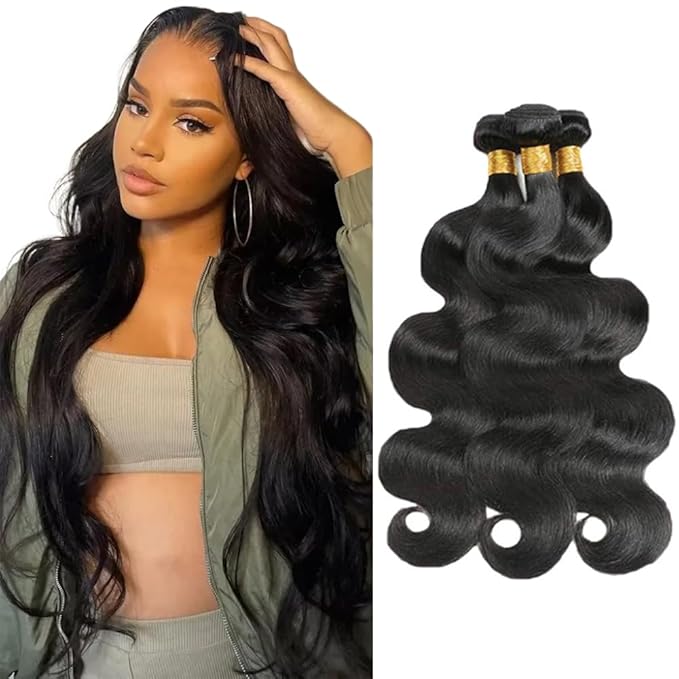 Body Wave Bundles Human Hair Color 1B Bundle Niegmeag Unprocessed Brazilian Virgin Remy Hair 3 Bundles 30 30 30 Inch Double Weft Soft and Silky Natural Black Body Wave Bundle Hair Weave
