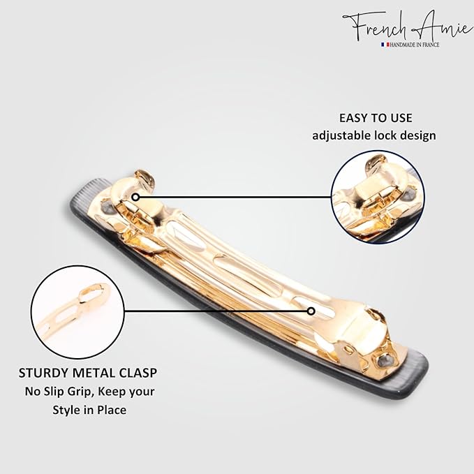 French Amie Small 2 1/4 inch Celluloid Handmade Hair Barrette No Slip Grip Durable Styling Women Hair Accessories Hair Clip for Girls, Made in France(Metallic Grey)