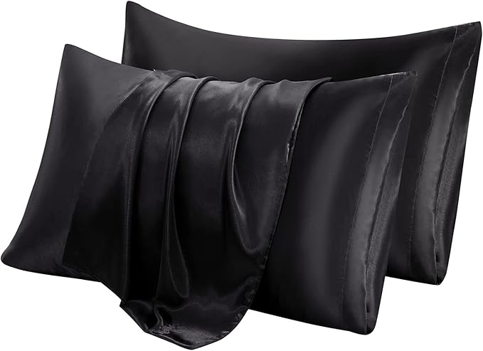 Aormenzy Satin Pillow Cases for Women Queen Size Set of 2, Black Satin Pillowcase for Hair with Envelope Closure Silky Pillow Covers Wrinkle, Fade Resistant (20x30 Inches)