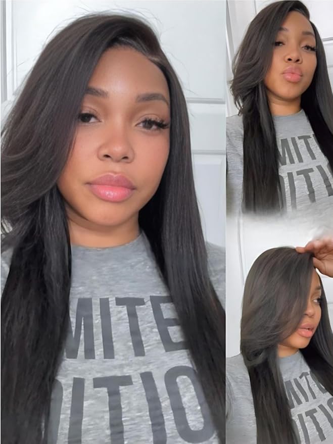 Yiroo Light Yaki Straight Wig Human Hair with Side Swept Bangs,7x5 Lace Front Bye Bye Knots Glueless Wig Human Hair Pre Plucked Pre Cut,Elastic Drawstring Wear and Go Wig for Women 150% Density 20Inch