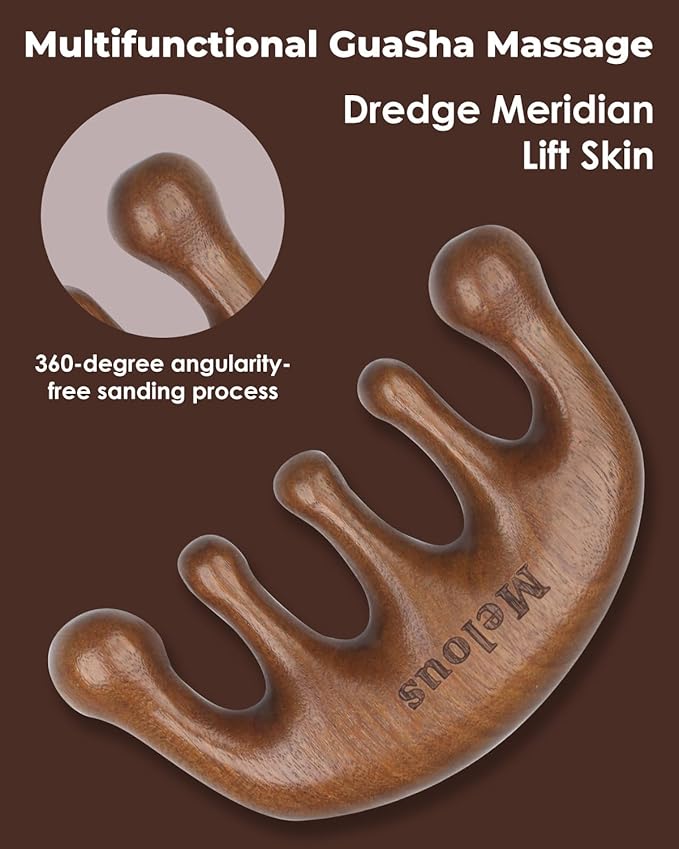 Sandalwood Gua Sha Massager, Meridians Massager, Scraping Massage Comb, for Hair Growth & Body Relief