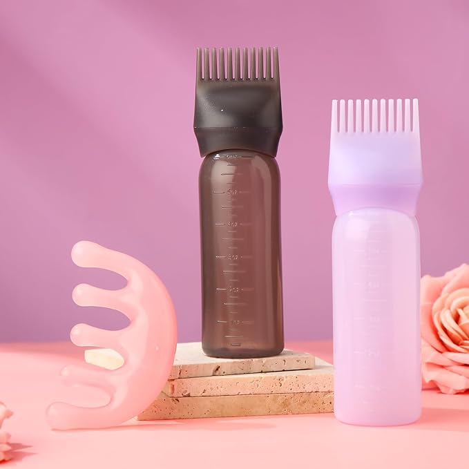 2 Pack Hair Oil Applicator Bottle for Scalp with Massage Comb,6 OZ Hair Oil Bottle with Root Comb for Scalp, Shampoo Scrubber Applicator,Hair Dye Tools(Black, purple)