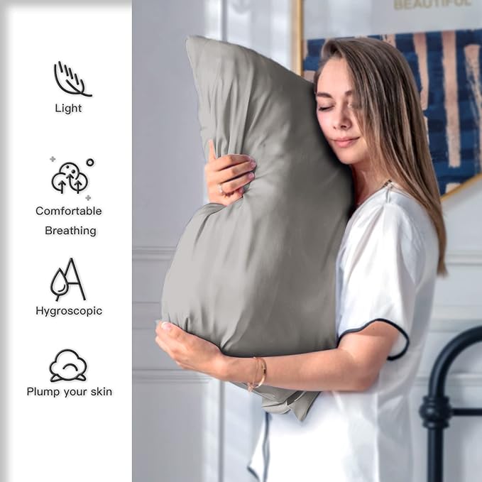 Natural Mulberry Silk Pillowcase for Hair and Skin Queen Size 20"X30" Silk Pillow Case with Hidden Zipper Soft Breathable Smooth Cooling Silk Pillow Covers for Sleeping(Gray,Queen,1Pcs)