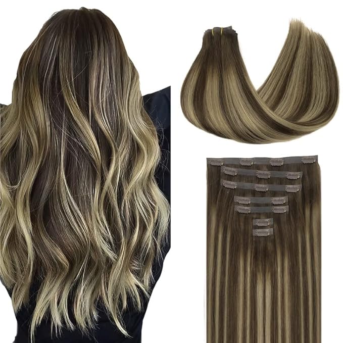 GOO GOO Clip in Hair Extensions Real Human Hair, Remy Human Hair Extensions Clip ins for Women, Natural Human Hair, 22inch 110g 7Pcs, 4/26/4 Balayage Chocolate Brown to Honey Blonde