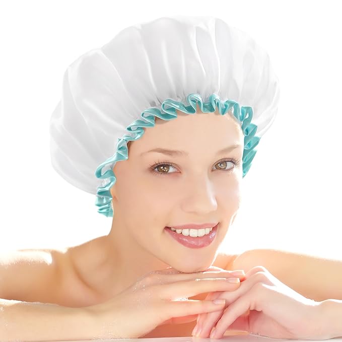 mikimini White Shower Caps for Women Long Hair,2 Pack,Large Size,Reusable,Waterproof Washable Hair Caps for Women and Girls, Super Cute and Extra Large