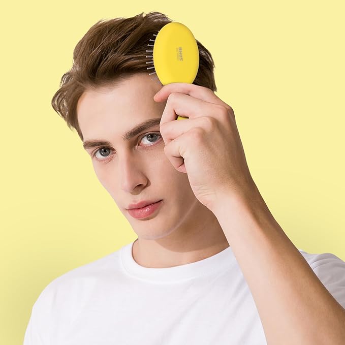 RHOS Mini Hair Brush for Women,Men and Kids-Travel Size Hair Brush for Purse,Pocket,backpack-Small Cushion Paddle Brush with Soft Bristles-Mini Detangler Brush for All Hair Types(1 Pack-Yellow)