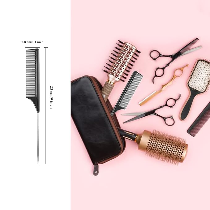3 Pack Rat Tail Combs with Heat Resistant Carbon Fiber Fine Tooth, Stainless Steel Handle, and Pintail Design for Women's Hair Parting and Teasing