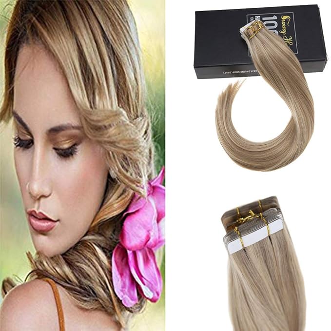 Sunny Hair Tape in Hair Extensions Real Human Hair Invisible Remy Hair Extensions Tape ins for Women Golden Blonde Highlight Medium Blonde 14 inch 20Pcs 50G