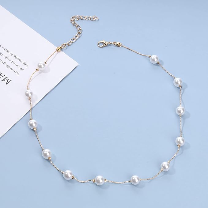 Boho Pearl Choker Necklace Floating Pearl Station Necklace Gold Tiny Pearl Beaded Necklace Chain Bridal Necklace Jewelry for Women and Girls Gifts