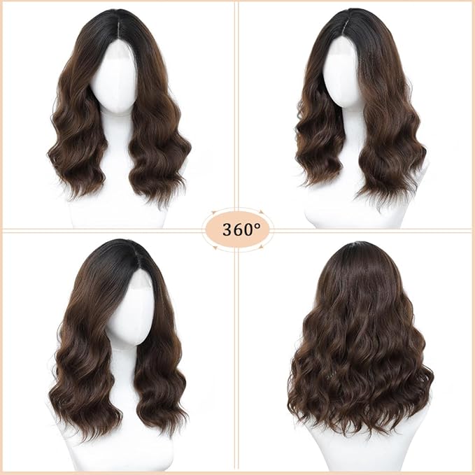 Ombre Brown Wig for Women, 18 Inch Middle Part Wavy Curly Wigs Synthetic Heat Resistant Soft deep wave Wig for Women Daily Use (Ombre Brown, 18 Inch)