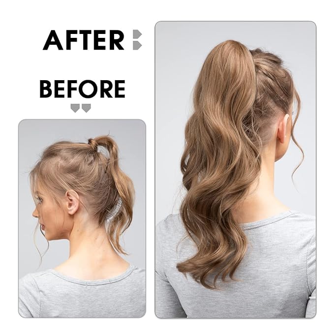 CJL HAIR 18" Long Ponytail Hair Extension Wrap Around Pony Tail Clip in Curly Wavy Synthetic Fake Hairpiece for Women Dirty Blonde