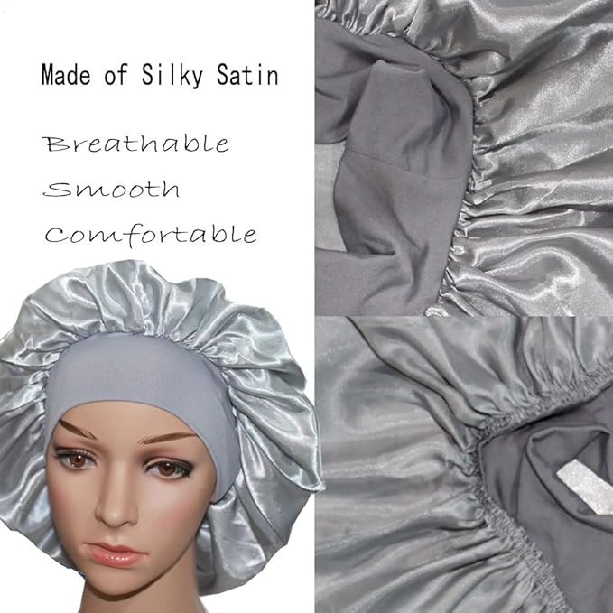 VEYRNEIC Hair Satin Bonnet for Sleeping Shower Caps Silk Chemo Caps with Wide Elastic Band Night Sleep Cap Bonnets for Black Women Braids with Satin Storage Bag (Silver)