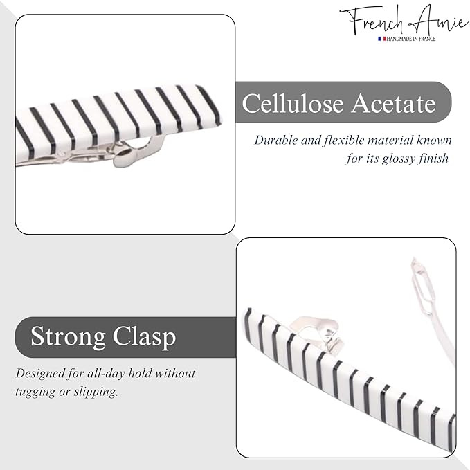 French Amie Long and Thin Black White Large 4” Handmade Celluloid Automatic Hair Clip Barrette for Women and Girls (Stripe)