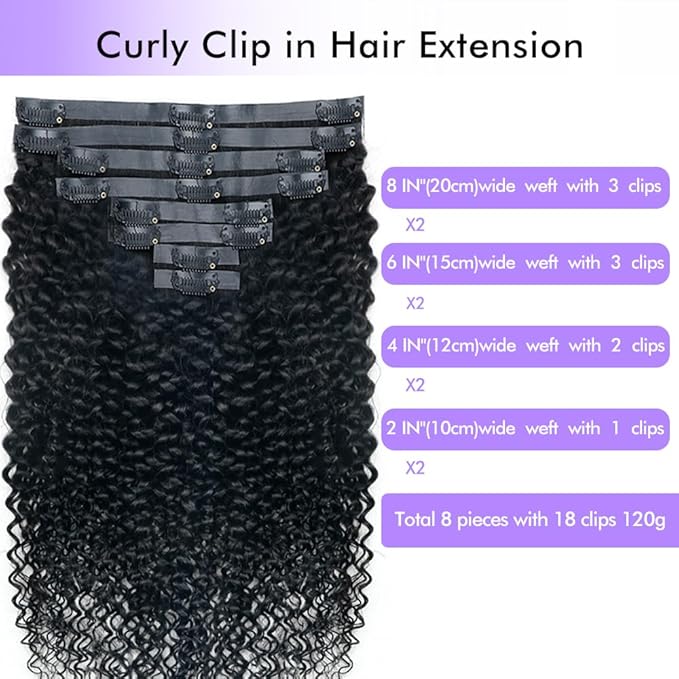 Seamless 3C 4A Kinky Curly Clip In Extension PU Weft Curly Clip in Extension Human Hair Clip Ins Full Head for Black Women Brazilian Remy Human Hair Natural Color 8Pcs with18clips 120g/Set (14 inch)