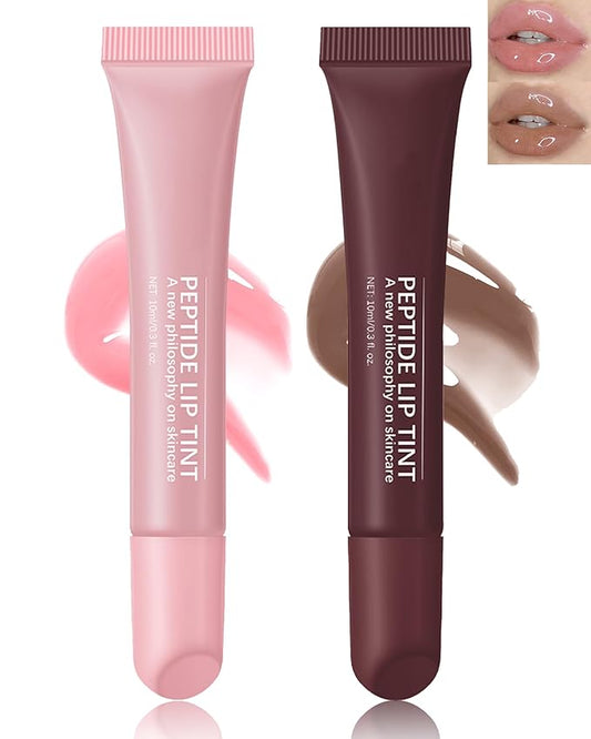 Tinted Lip Balm-2Pcs Pink Brown Peptide Hydrating Lip Tint Moisturizer,Jelly Glossier Lip Treatment Balm,Non-Stick Glow Reviver Lip Care Oil,Yummy Glowy Lip Gloss,Thanksgiving Makeup for Women-01+03
