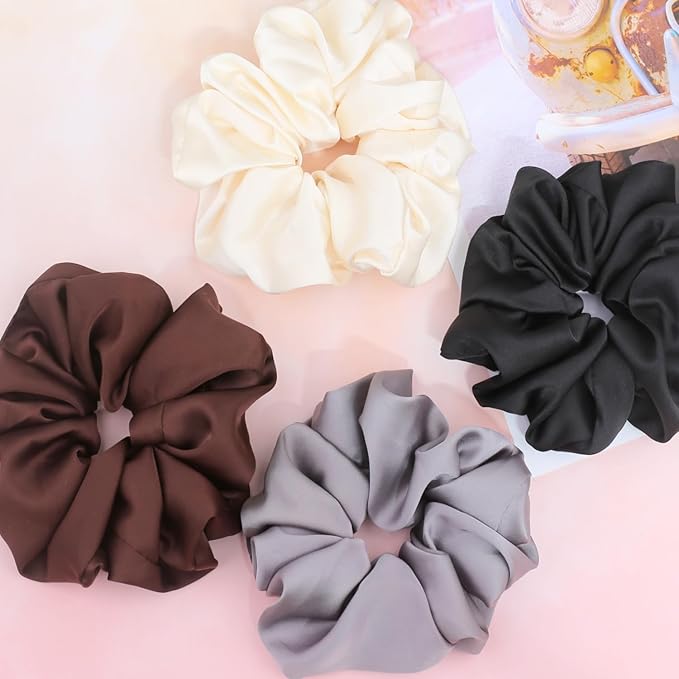 IVARYSS Big Scrunchies for Women Thick Hair, Premium Satin Softer than Silk, XL 6 Inch Extra Large Scrunchy Elastic Hair Bands Accessories, 6 Pack, Neutral