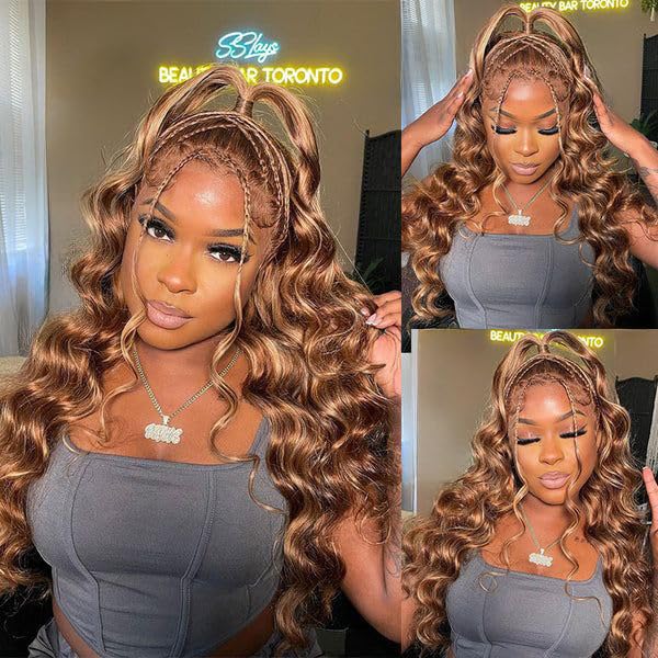 Honey Blonde Ombre 13x6 Lace Front Wig Human Hair 210 Density Highlight Body Wave Lace Front Wigs Human Hair Pre Plucked Glueless Lace Frontal Wig for Women 4/27 Colored 22Inch
