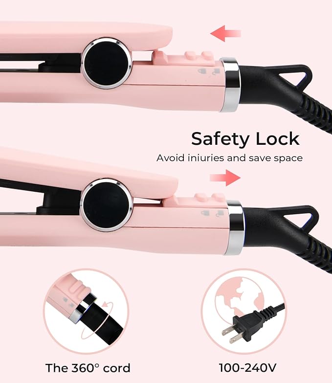 PRITECH Flat Iron Hair Straightener, Titanium Flat Iron with Adjustable Temp(290°F-450°F), 1 inch Plate for All Hairstyles Anti-Frizz Dual Voltage Straightening and Curler 2 in 1 (Pink)