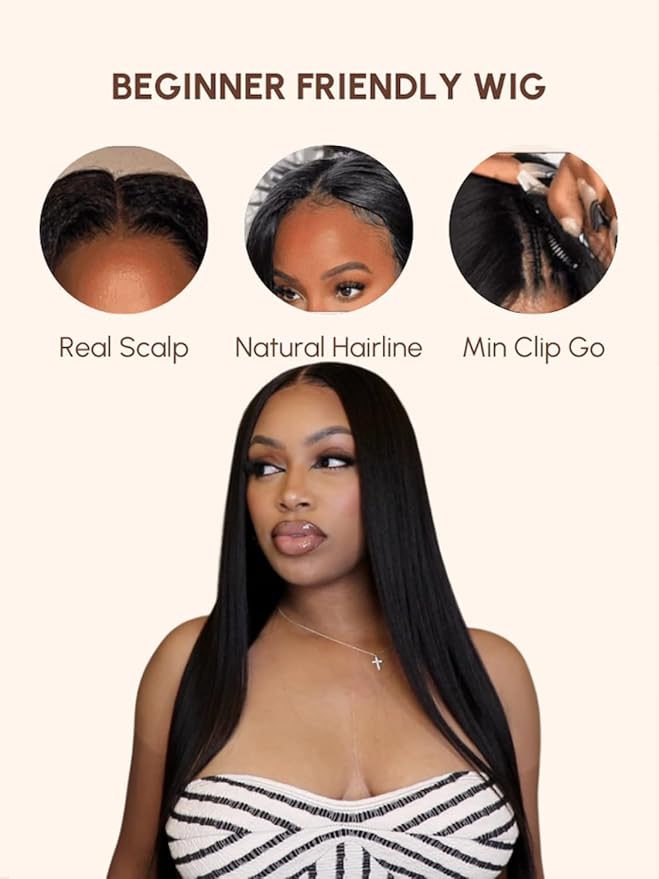 YIROO V Part Wig Yaki Straight Human Hair Wigs for Black Women Upgrade Upart Wig No Leave Out 12A Glueless Kinky Straight V Shape Clip in Half Wig No Glue No Sew Beginner Friendly 180% Density 16 Inch