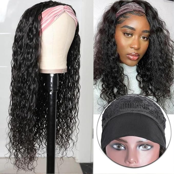 KLAIYI Headband Human Hair Wig Water Wave Curly Non Lace Front Wigs for Black Women Deep Wave Glueless Wear and Go Half Wig with Band 30S Ready to Wear Beginner Friendly 180% Natural Hairline 16Inch