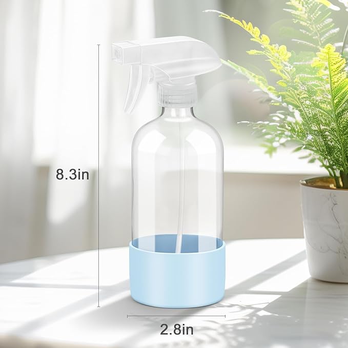2 Pack Glass Spray Bottles with Silicone Sleeve, 16 oz Empty Refillable Containers with Adjustable Spray Nozzles, Spray Bottles for Hair, Cleaning Solutions and Plants Blue&Pink