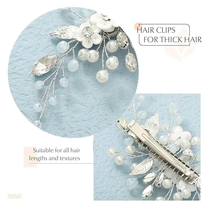 Latious Flower Wedding Hair Clip Silver Pearl Bridal Hair Barrettes Rhinestones Hair Piece for Women and Brides
