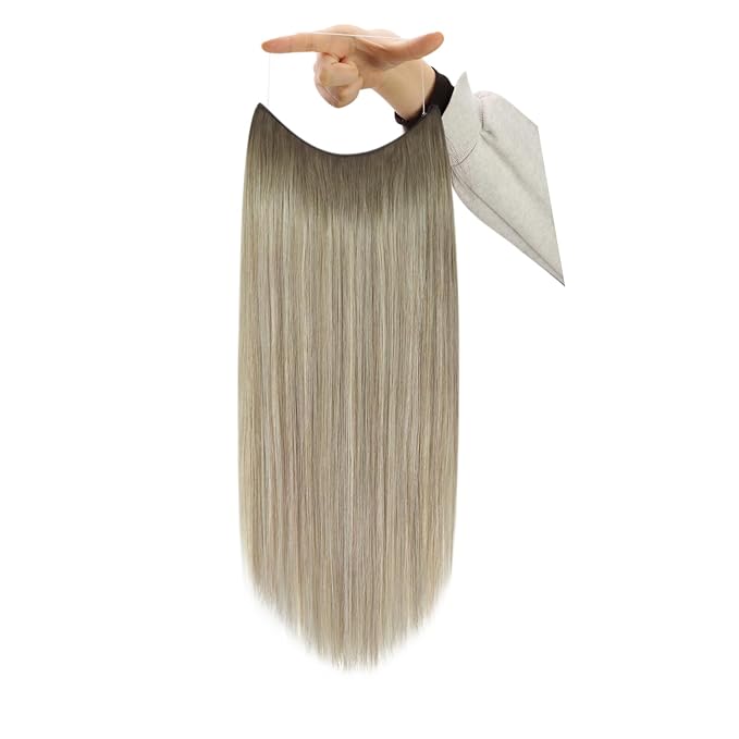 YoungSee 130G Wire Human Hair Extensions Ombre Invisible Wire Hair Extensions Balayage Ash Blonde Ombre Platinum Blonde Fish Line Hair Extension Human Hair 20In