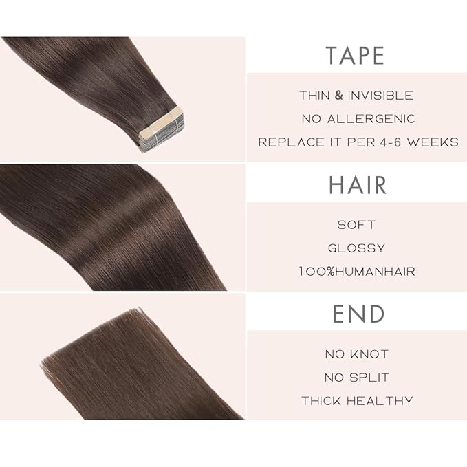 Tape in Hair Extensions Human Hair 20pcs Remy Hair Extensions 22 Inch Darkest Brown Straight Invisible Human Hair Tape in Extensions Double Sided Skin Weft Hair (2#,22 Inch)